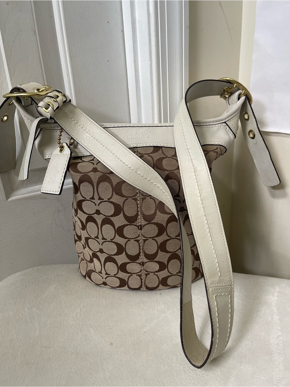 Coach Brown Signature Duffle Canvas Bucket Bag with Cream Leather Trim